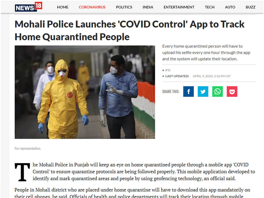 Mohali Police Launches 'COVID Control' App to Track Home Quarantined People